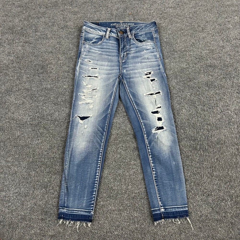 American Eagle Jegging Womens Size 4 Blue Distressed Super Stretch Crop Raw Hem